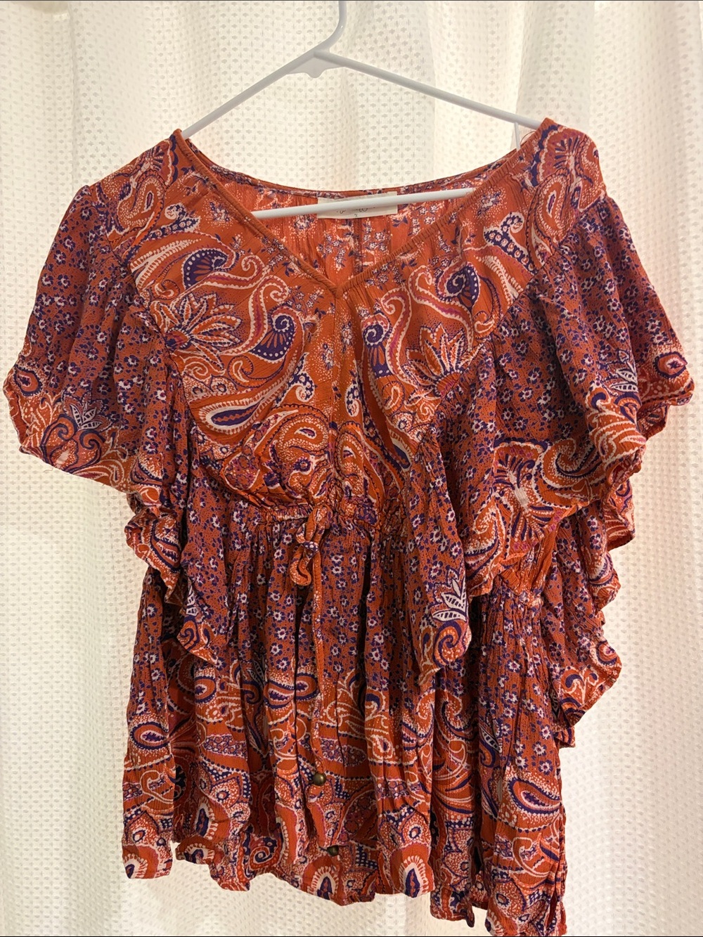 Altar'd State Rust and Purple Paisley Ruffle Blouse